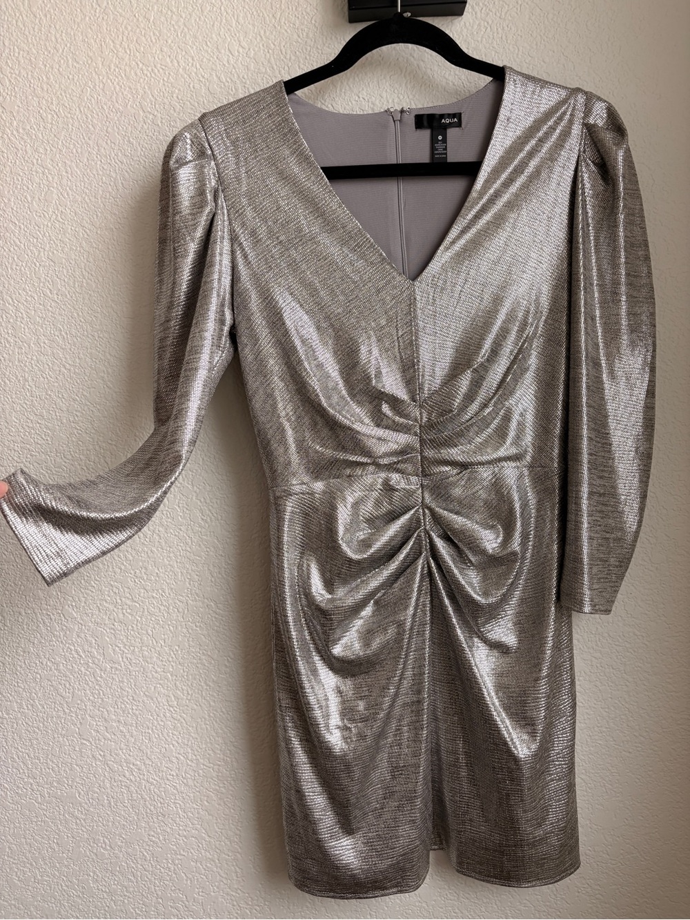 Aqua Metallic Silver Ruched V-Neck Long Sleeve Dress
